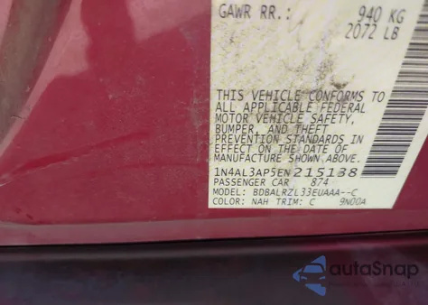 2014 Nissan Altima 2.5 S z USA, uszkodzony, nr VIN 1N4AL3AP5EN215138